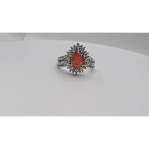 Silver Ring with Orange Gemstone and Clear Accent Stones, Size 8